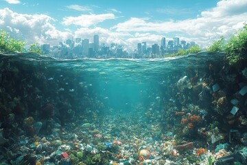 water waste environment depicting polluted waters and neglected ecosystems highlighting the urgent environmental issues of waste management and conservation in a stark evocative scene