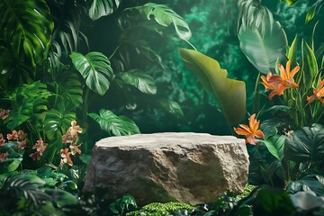 Stone platform in tropical forest for product presentation and green forest.3d rendering
