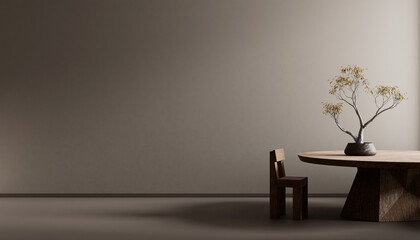 Japanese style interior design with wooden furnitures and raw materials. Japandi style interior with wooden chair and table. 3D illustration