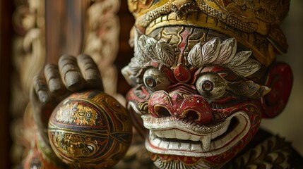 Fototapeta premium Beautifully detailed Balinese wood carving depicts a vibrant mythological figure with ornate features, exuding cultural richness and artistic craftsmanship in every facet.