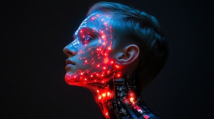 Side profile of a bionic individual with glowing tech components embedded in face and neck, against a dark backdrop