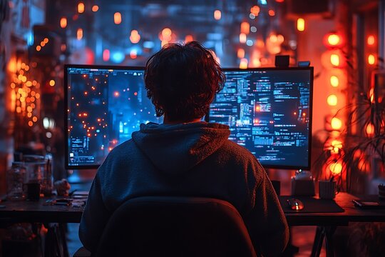 Profile side view portrait of his he nice attractive skilled smart focused concentrated guy consultant writing script creating new digital desktop app in dark room workplace station indoors
