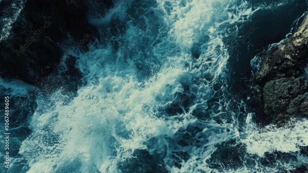Poster an overhead view of crashing waves creating a foamy, turquoise pattern on a dark blue ocean.