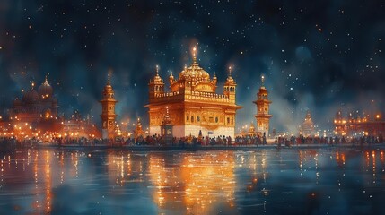 Obraz premium watercolor depiction of baisakhi festivities featuring a magnificent golden temple at dusk surrounded by colorful celebrations and illuminated by warm lanterns under a twilight sky