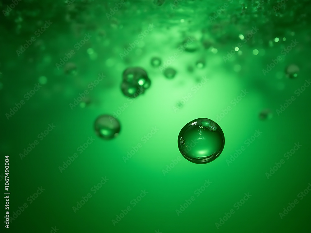 Poster Hydrogen bubbles form in Green water reflecting artificial light creating a shimmering effect reminiscent of natural elements