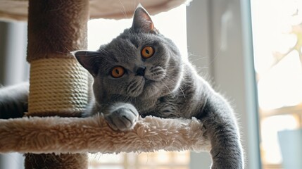 A playful gray cat with amber eyes resting on a plush cat tree, highlighting the elegance and serenity found in a domestic setting.