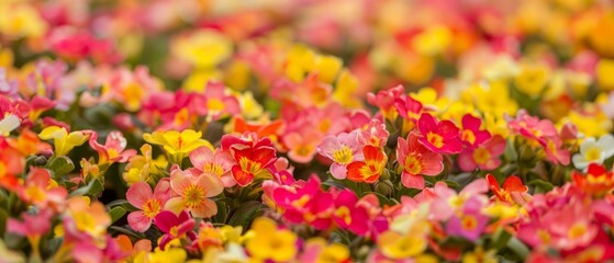 Vibrant Symphony: A Close-up of Multi-Colored Primrose Flowers in a Greenhouse