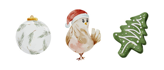 Christmas bird with Santa hat holiday ornament and tree cookie isolated on white background vector illustration