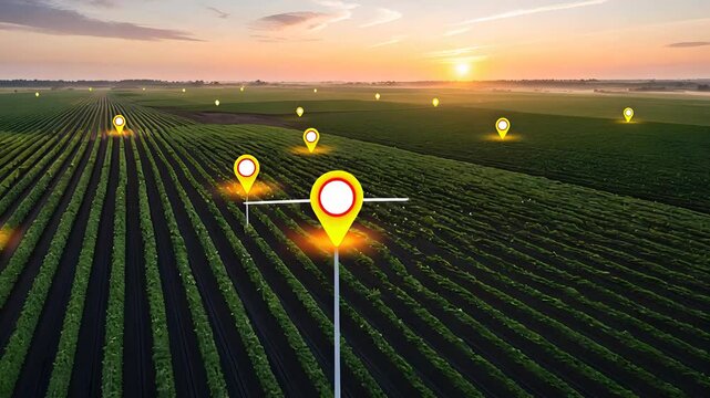Smart Agriculture Technology Markers in Green Fields at Sunrise