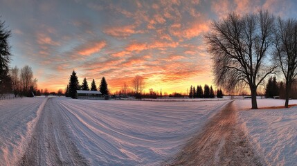 A serene winter landscape at sunset with a snowy path and silhouetted tree.