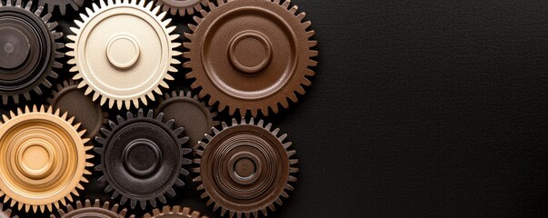 A collection of various gears in different colors, arranged artistically against a dark background, showcasing mechanical design and creativity.