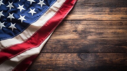 Obraz premium American Flag Draped on Rustic Wooden Surface