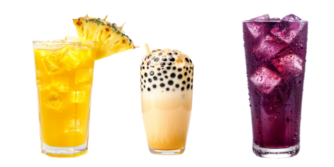 Pineapple juice and ice cubes, Bubble tea drink with tapioca pearls and Grape soda cocktail isolated on white transparent background.