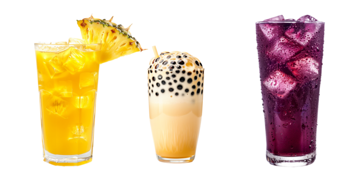 Pineapple juice and ice cubes, Bubble tea drink with tapioca pearls and Grape soda cocktail isolated on white transparent background.