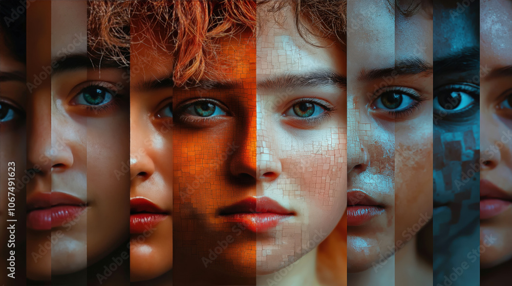 Poster this artwork illustrates a series of faces with varied skin tones and expressions, merging distinct 