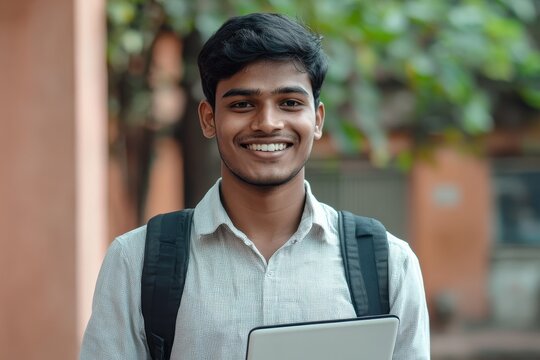 Joyful Indian male student with a tablet