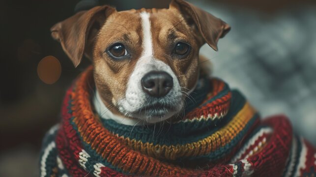An adorable dog wrapped in a vibrant knitted scarf stares attentively, surrounded by a homey atmosphere, exuding warmth and coziness with style.