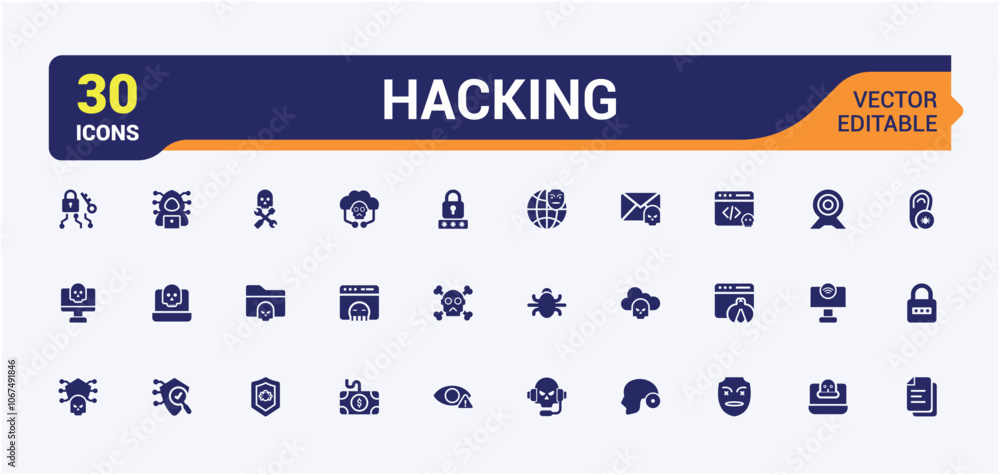 Poster hacking flat solid icon set. includes icons for cyber, spam, hacker, spyware, crime and more. flat f