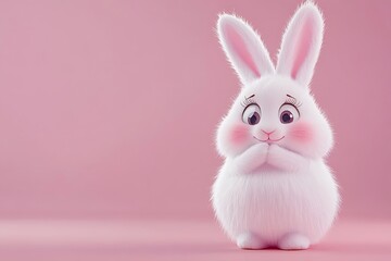 Simple fat cute kawaii fluffy cartoon white easter bunny with eyebrows, pink ears, cheeks, soft paws stands in a funny dancing shy pose. Lovely adorable pet, minimal style. 3d render in pastel colors.