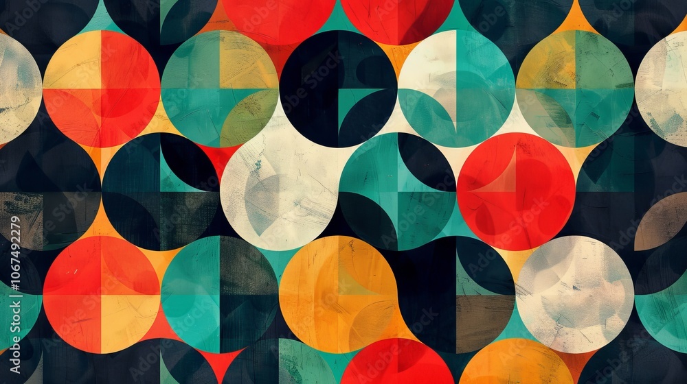 Poster a vibrant abstract artwork featuring colorful geometric circular motifs, creating a playful and dyna