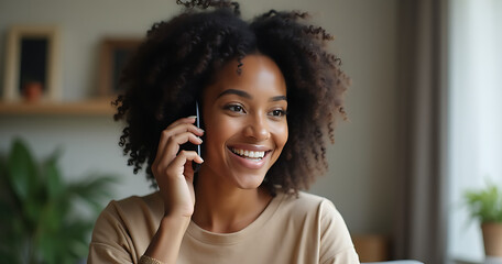 Female African American blogger sits at phone recording a video or live stream sharing knowledge and educating viewers from her home office