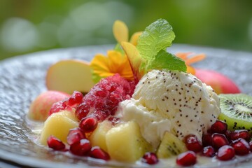 Mixed fruit salad featuring kiwi banana apple pomegranate and more served with vanilla ice cream
