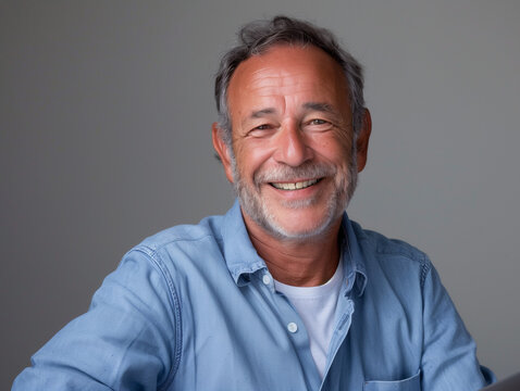 Portrait d'un homme de 60 ans habill&eacute; pour le travail, avec une chemise : senior actif au travail, diversit&eacute; en entreprise sur fond gris