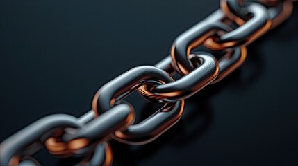 Obraz premium A close-up view of sleek metallic links forming a chain, showcasing a combination of silver and copper tones against a dark background.
