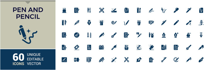 Pen And Pencil flat solid icon set. Featuring fill, simple, sign, caliper, selection, eraser and more. Simple filled vector.