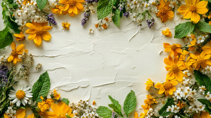 Flower arrangement with yellow and white blossoms on textured background