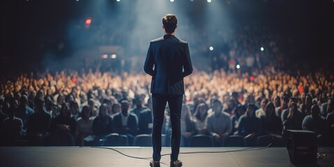 A man stands on a stage in front of a large crowd