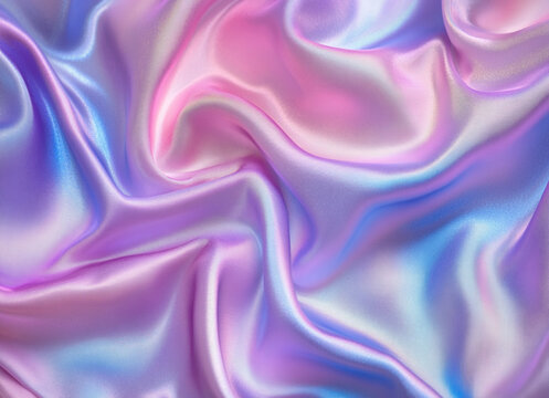 Fondo iridiscente hologr&aacute;fico con tonos rosa, azul y violeta y fondo de tela hologr&aacute;fica, abstracta y ondulada. Colores pastel suaves.