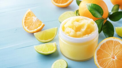 Fototapeta premium Natural exfoliating scrub with citrus fruits, bright and vibrant colors, glowing and fresh, natural skincare routine