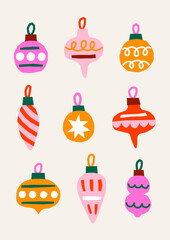 Cute cutout style Christmas card vector template. Hand drawn abstract holidays illustration print with Christmas ornaments