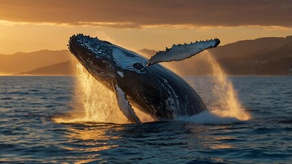 Fototapeta premium Majestic Humpback Whale Breaching at Sunset
