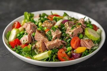 Nicoise salad topped with grilled tuna