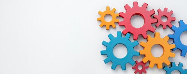 Colorful gears arranged on a light background, symbolizing mechanics, creativity, and teamwork in a playful design.