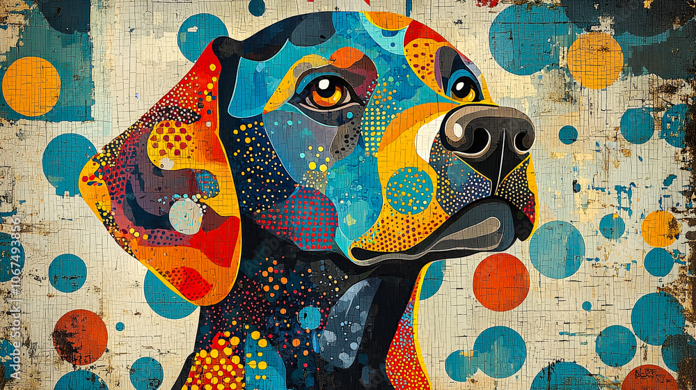 Fototapete A vibrant, abstract depiction of a dog's face filled with colorful dots and patterns against a textured background
