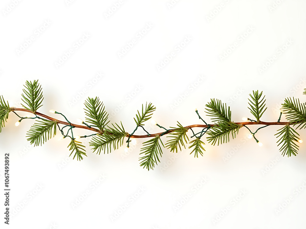 Poster decorative christmas garland features coniferous branches and a glowing light chain on a simple whit