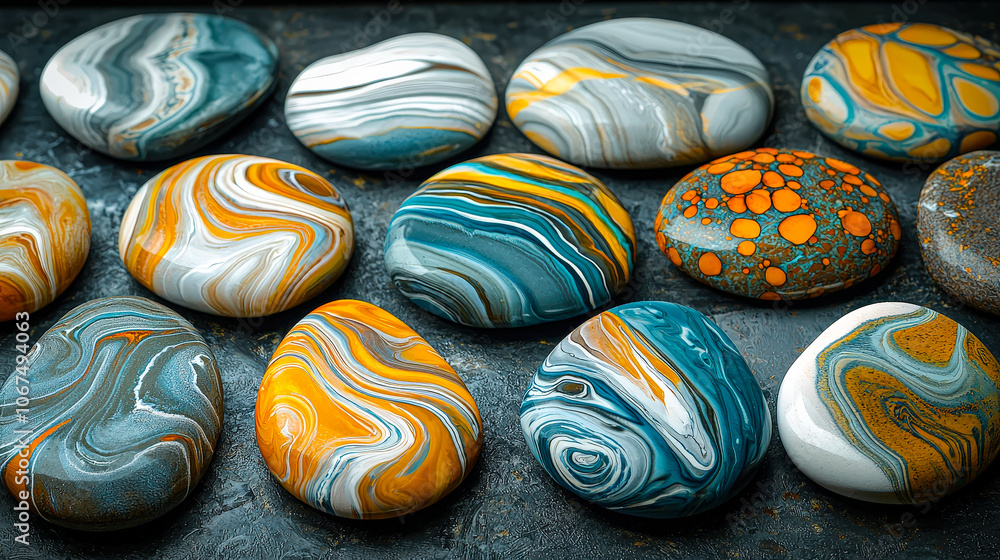 Poster intricate stones display vibrant orange, blue, and gray patterns, creating a captivating arrangement