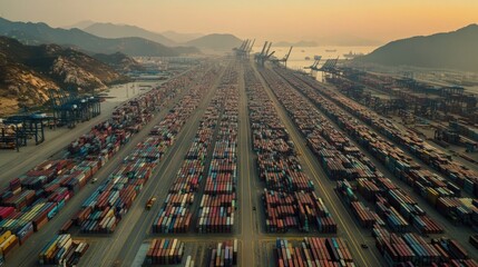 Aerial View of Shipyard with Stacked Shipping Containers for Global Trade and Logistics