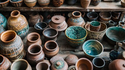 Assorted handcrafted pottery displayed on wooden shelves