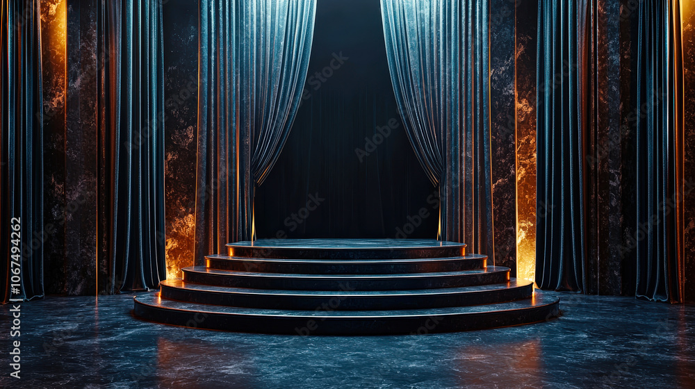 Aufkleber a luxurious stage featuring dramatic curtains and a well-lit backdrop, creating an inviting atmosphe