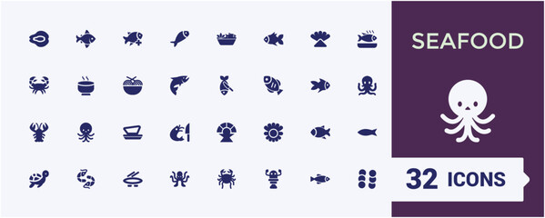 Seafood solid icon set. Containing grilled salmon, water, cuttlefish, fishing, fish bones, steak, baked and more. Pixel perfect. Editable vector illustration.