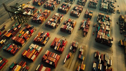 Aerial view of shipyard, rows of containers, global trade scene 
