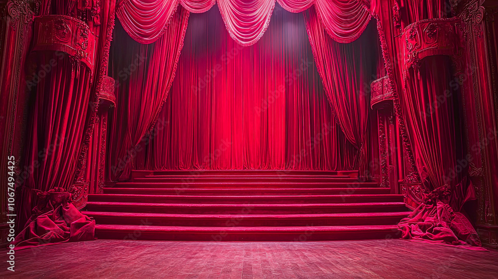 Aufkleber rich red curtains frame a grand theater stage, emphasizing its elegance and setting the mood for an 