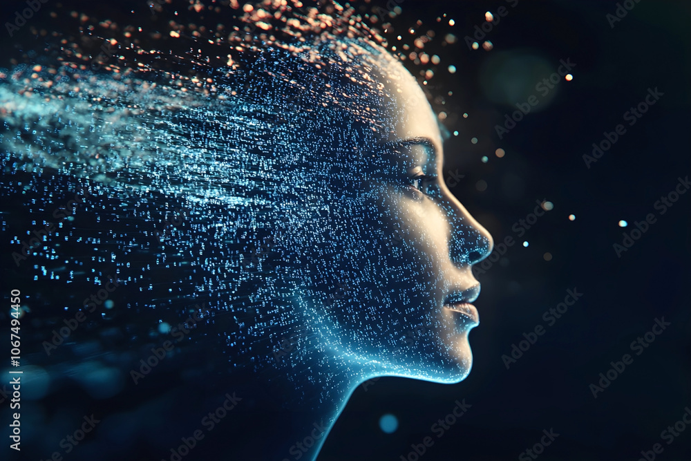Poster digital representation of a human face dissolving into particles, symbolizing artificial intelligenc
