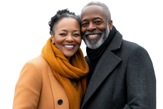 A smiling, fashionable African American older couple warmly embracing, both dressed in stylish coats and scarves against a transparent, isolated background - Powered by Adobe