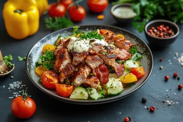 Polish chicken and bacon salad with vegetables and dressing a calorie dense dish featuring fresh produce from an Eastern European eatery