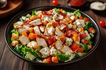 Polish chicken and bacon salad with vegetables and dressing a calorie rich dish from Eastern European cuisine